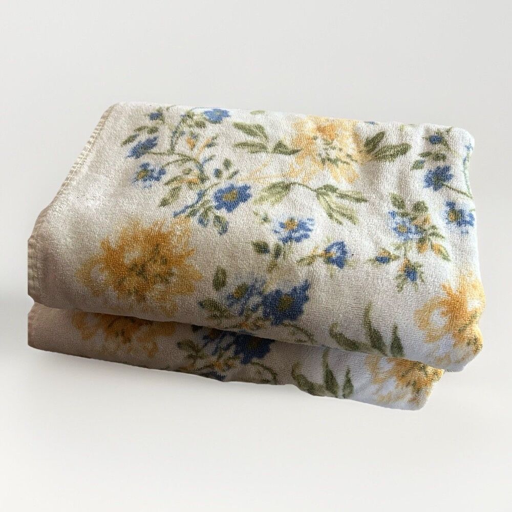 Laura Ashley Floral Bath Towel Set Of 2 Cotton White Yellow Blue Cottagecore